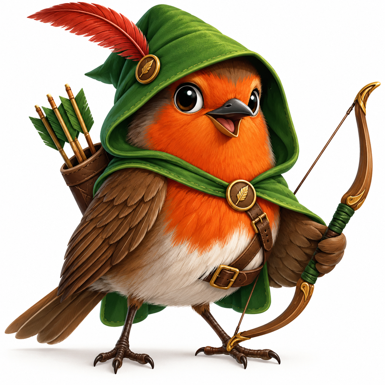 RobinwifHood, a cheerful robin dressed in a green hood and holding a bow